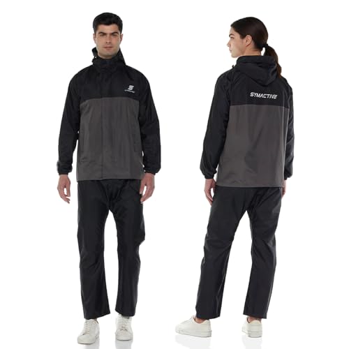 Image of Amazon Brand - Symactive Raincoat for Men and Women | Waterproof Jacket and Pant Set | Polyester with PVC Coating | Seam Sealed | Hooded with Reflective Trim | Black & Grey, S