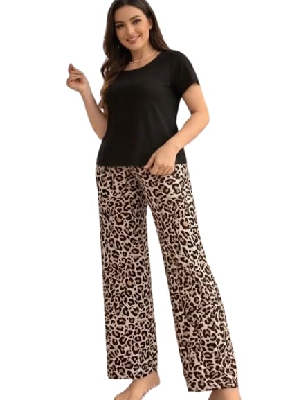 Women's Leopard Print Pyjama Set, Short Sleeve Top with Wide Leg Pants, Loungewear-picture-28
