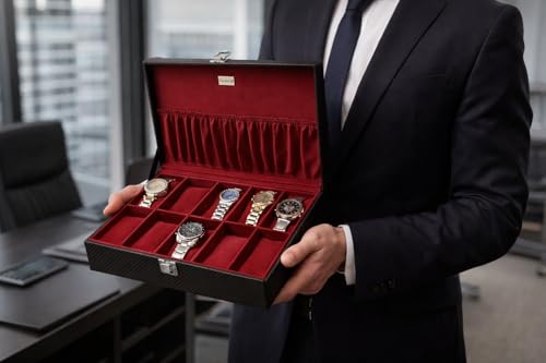 Image of Watch Organiser Display Box Made in Leatherette and Suede with Contarst thread Topstitch | For Men &Women | Gift For Any Occasion (12 watch)