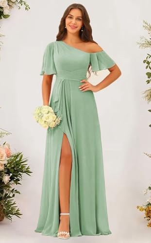 One Shoulder Bridesmaid Dresses for Women with Pockets Short Sleeve Ruffled Chiffon Formal Evening Gowns3