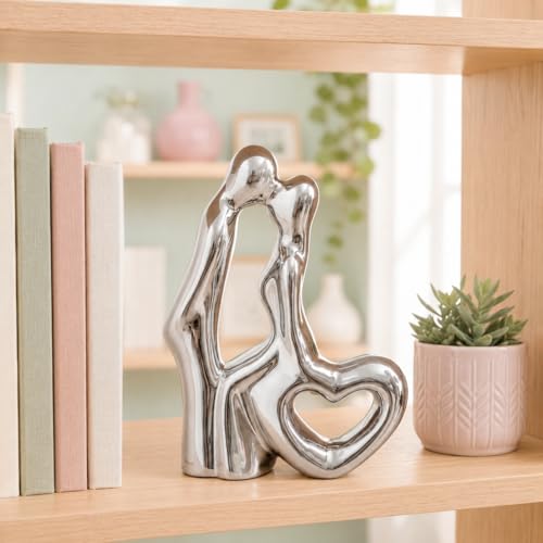 Image of Amazon Basics Serene Abstract Couple Figurine for Home & Office Decor | Modern Ceramic Love Sculpture Showpiece for Living Room, Shelf, Study Table & Bedroom Styling (Silver, 7 cm)