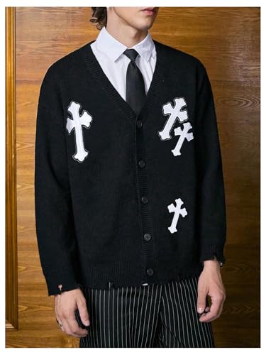 SOLY HUX Men's Y2k Gothic Button Down Cardigan Sweater Long Sleeve V Neck Hip Hop Fall Preppy Outerwear4