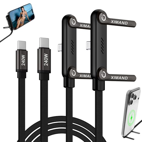 Image of Invisible Holder Charger Cable, 240W USB C to Lightning Cable 1.5M /4.9FT Braided Fast Charging Cord, 90 degree Connector & 360 Adjustable Stand for iphone, Gaming, Home, Office, Black, 2 PACK