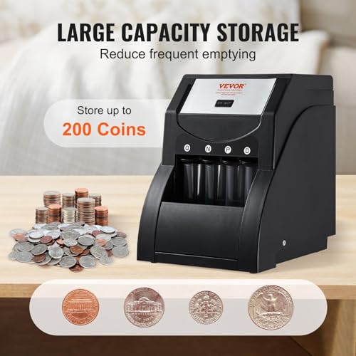 Image of VEVOR Coin Sorter, Coin Sorter and Wrapper Machine with 4 Larger Coin Tubes, Sorts USD Coin 1¢ 5¢ 10¢ 25, up to 230 Coins /min, Black