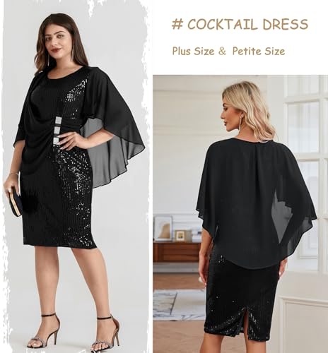 Hanna Nikole 2024 Womens Sequin Party Dress Plus Size Chiffon Cape Sleeve Cocktail Midi Dress3