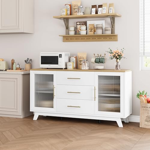 Image of Buffet Cabinet with Storage, 56 inch Sideboard Cabinet with Adjustable Shelves & Fluted Glass Doors - Contemporary Coffee Bar Cabinet for Kitchen & Dining Room,Woodgrain