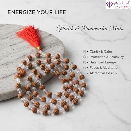 Image of Arihant Gems and Jewels Sphatik /Crystal Jaap Mala for Pooja (54+1 Beads) | Natural & Certified | Astrological Beads with Positive Effect | Unisex Both for Men & Women (Sphatik and Rudraksha Mala)