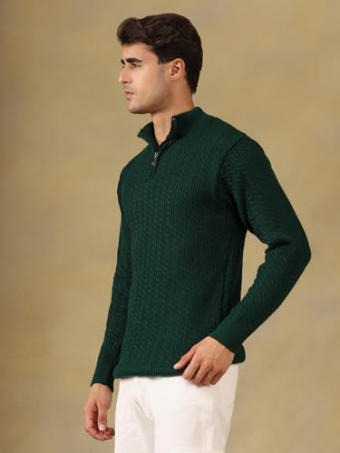 Image of Kvetoo Men's Full Sleeve High Neck Zipper Sweater| Warm Cable Knit Quarter Zip Pullover | Wool Winter Sweater for Casual & Office Wear
