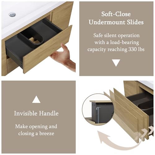 Image of KEIKI 48'' Wall-Mounted Bathroom Vanity with Sink - Floating Design, 2 Soft-Close Drawers & Doors & Resin Basin, Space-Saving for Small Bathrooms, Natural Oak