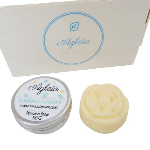 Aglaïa COSMETIQUE NATUREL FAIT MAIN - Coffret Soins du Corps : Gommage Monoï + Baume Douceur Corps : Beurre de Karité, Huile de Noix de Coco Bio - Artisanal - Beauté au Naturel -Bio - Idée de cadeau écologique- Box Anniversaire