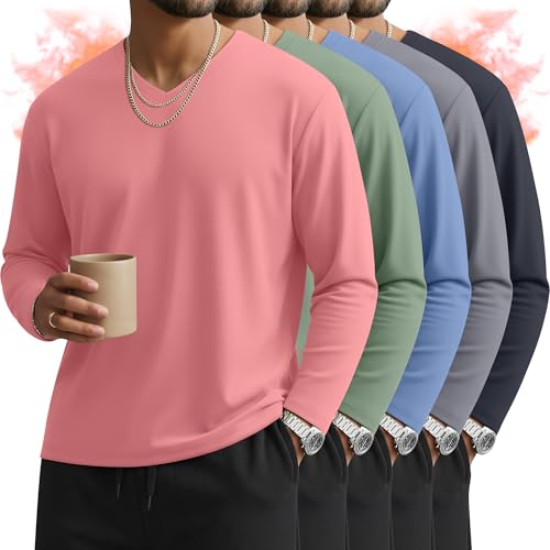 Velvelhall 5 Pack Men's Big and Tall Thermal Shirts Fleece Lined V Neck Long Sleeve Base Layer Tops Loose Casual Warm Winter(Dark Gray, Gray, Pink, Light Bean Green, Sky Blue,XX-Large)