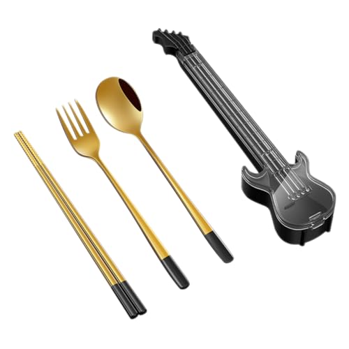 Garneck 1 Set Guitar Shaped Portable Utensils Set Cutlery with Spoon Fork Chopsticks for Lunch Box Camping and Outdoor Activities Reusable Silverware Case