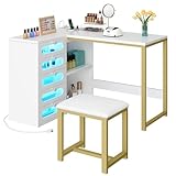 DWVO L Shape Nail Desk Set with Cushion Stool, Manicure Table with Drawers, RGB Lights, and USB Power Outlets, Nail Station for Home or Studio