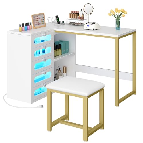 DWVO L Shape Nail Desk Set with Cushion Stool, Manicure Table with Drawers, RGB Lights, and USB Power Outlets, Nail Station for Home or Studio