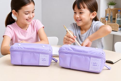 Image of WORSHIPER Multi-Functional Soft Pencil Case for Girls | Large Capacity Zipper Pouch with Multiple Compartments | Aesthetic Stationery Organizer for School, College & Office (Purple Pouch)