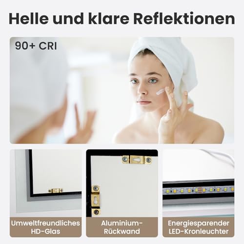 AllRight Badspiegel mit Beleuchtung 60x40cm | 3500K-6500K Dimmbarer LED Spiegel mit 3 Lichtfarben | IP54 Wassergeschützt… – Ansicht 5