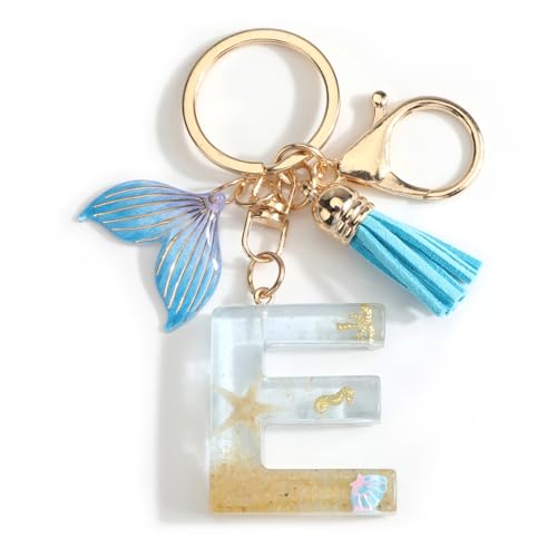 SHTALHST Initial Keychain E Beach Keychain with Mermaid Tail & Tassel Letter Bag Charm Beach Gifts Initial Gifts for Women