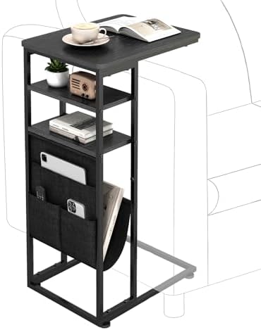 C Shaped End Table, 3-Tier C Table with Storage Bag, Under Couch Table Side Table C Shape C Table for Sofa C-Shaped End Table with Storage Shelves and Bag for Living Room, Bedroom, or Office