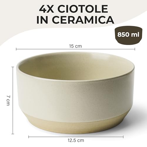 MIAMIO - Set di 4 ciotole/Set di ciotole in ceramica (850 ml) per pasta, ramen, cereali, insalata - Lavabile in lavastoviglie e nel microonde - Collezione Sierra (chiaro, Ciotole (4x)) - immagine 3
