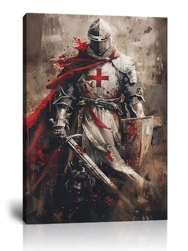 The Crusader Knights Armor Shield Canvas Painting Retro Warrior Artwork Home Decoration for Living Room Bathroom Bedroom Office Framed
