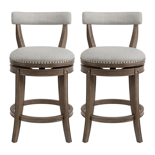 Image of ROME + OAK Ruxban 26 inch Counter Stool, Set of 2 Low Back Swivel Barstools in Weathered Oak Finish with Sand Fabric Upholstery Seat - Indoor Home Furniture