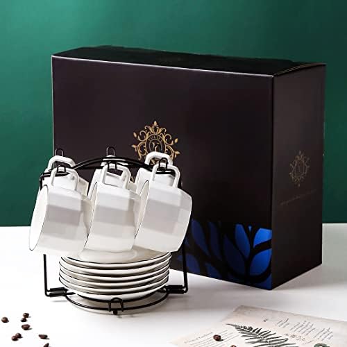 YOLIFE Tea Cups and Saucers Set, 220ML Porcelain Teacups with Holder and Spoons, White Coffee Cups and Sacuers with Black Edge, Set of 6