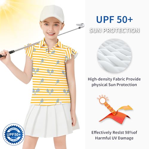 Image of Soneven Girls Ruffle Sleeve Polo Shirts V-Neck Golf Tennis T-Shirts Uniform Shirts Quick Dry for 4-14 Years