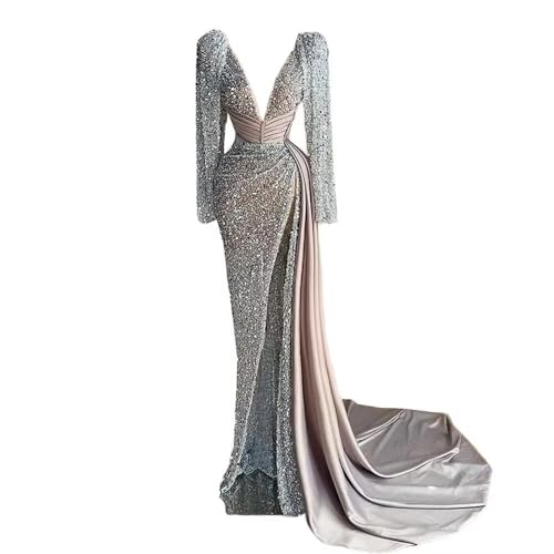 Long Sleeves Sparkly Sequins Prom Dress Women's Deep V Neck Mermaid Long Ball Celebrity Gala Pageant Evening Party Gown