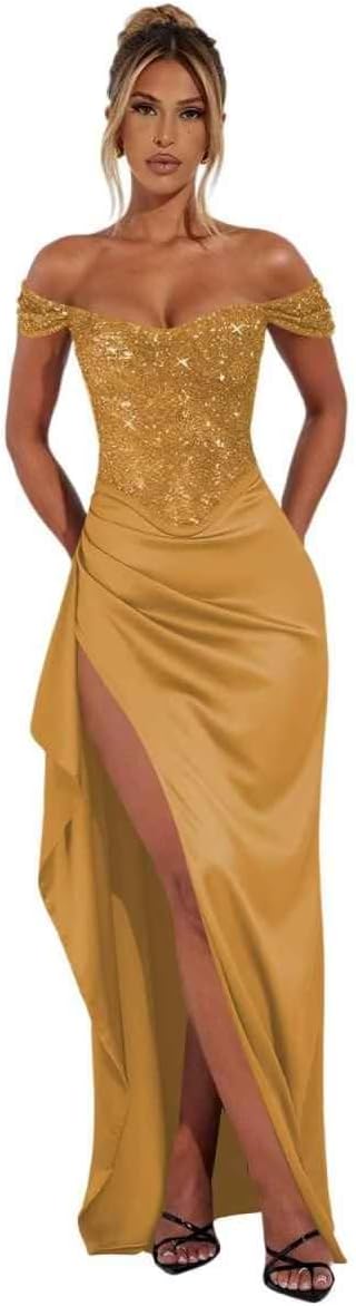 Sequin Prom Dresses 2026 Long Off Shuolder Satin Bodycon Cocktial Dress with Slit Mermaid Formal Evening Dress