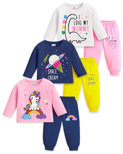 Image of Kuchipoo Girls Regular Fit Cotton T-Shirts and Pyjamas Clothing Set-Pack of 3