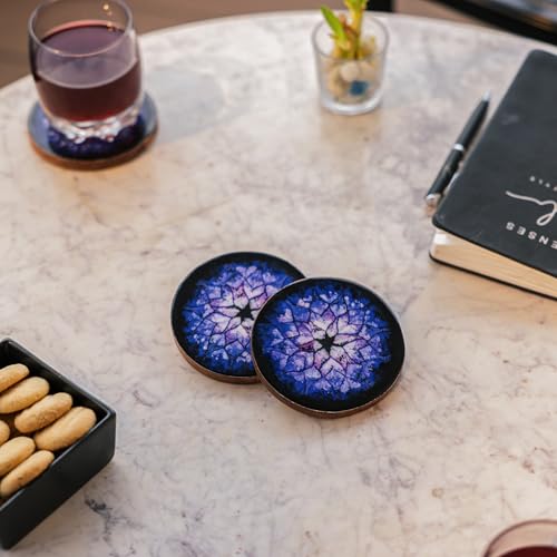 Image of Blue Nebula Acacia Wood Coaster Set (Set of 4) - Premium Handcrafted Wooden Drink Coasters with Stunning Enamel Artwork, Stylish & Durable Tabletop Protection for Home & Office