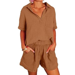Dokotoo Women’s Two Piece Outfits V Neck Short Sleeve Shirts and High Waist Shorts Lounge Sets
