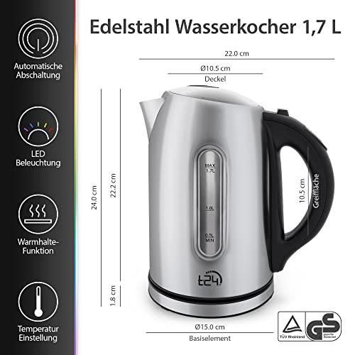 Foto von T24 Wasserkocher 1,7 Liter mit 2200 Watt Temperaturregelung LED-Beleuchtungsfarbe nach Temperaturwahl mit Temperatureinstellung Kalkfilter Kettle, Edelstahl