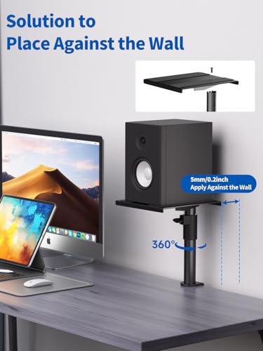 suptek Clamp-on Desktop Speaker Stands, 8.8\"x9.6\" Metal Trays, Height Adjustable Universal Studio Monitor Holders for Bookshelf Speakers with Cable Management, Against the Wall, 2 Pack, Black, SDM001K