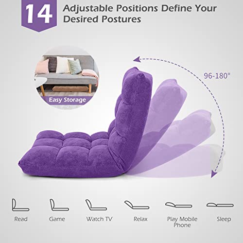 Image of COSTWAY Adjustable Gaming Chair, Purple, 14-Position Back Support, Soft Coral Fleece, Portable, Lightweight, 22 inch x 24 inch x 22 inch