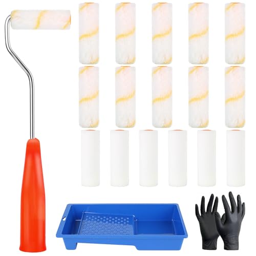 Nadinsta 22 Pièces Petits Rouleaux Peinture avec Manche, 10cm De Long Kit Peinture Bac à Peinture,Muraux en Rouleaux, Mini Rouleaux Laqueur Rouleaux en...
