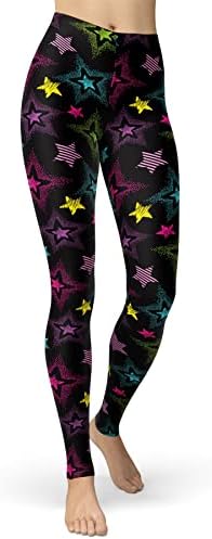 sissycos Women's 80s Leggings Artistic Splash Printed Buttery Soft Stretchy Pants (Medium, Neon Stars)