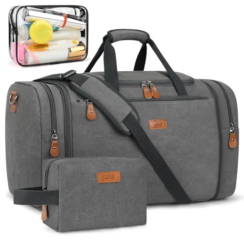 Image of Canvas Mens Duffle Bag for Travel - Expandable 50L Weekender Bags with Toiletry Bag, Overnight Bag Travel Duffel Carry On Luggage with Removable Shoulder Strap, Durable & Water-Resistant