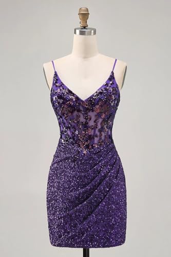 VGZ Spaghetti Straps Homecoming Dresses Sequin Short Prom Gown Sparkly V Neck Cocktail Party Dress2