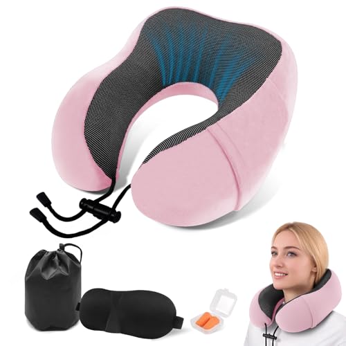 ARTREE Almohada de Viaje para Cuello Ajustable - Cojín Cervical con Sistema de Cinta Reguladora, Espuma Memoria Portátil para Avión/Coche, Incluye Funda + Bolsa (Pink)