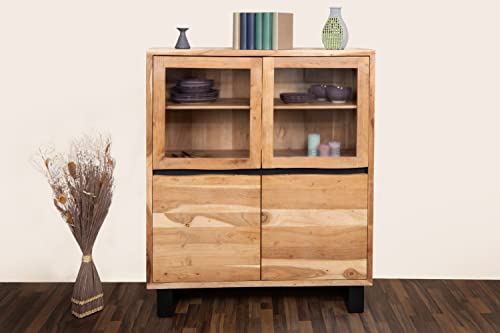 SAM Highboard Kyoto II, Akazienholz massiv & naturfarben, Hochschrank mit je Zwei Holz- & Glastüren, Kufengestell aus Eisen Schwarz, 118 x 45 x 140 cm SAM Highboard Kyoto II, Akazienholz massiv & naturfarben, Hochschrank mit je Zwei Holz- & Glastüren, Kufengestell aus Eisen Schwarz, 118 x 45 x 140 cm