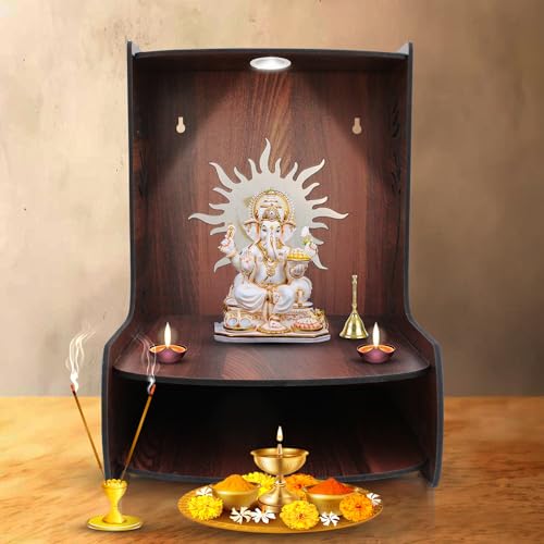 Image of Olive Tree Ethnic Wooden Pooja Mandir for Home Handcrafted Puja Stand | Wall Mounted with LED Spot Light | Mandapam, Pooja Ghar, Temple Office Decor - Walnut Size 12X12X16 Inch 1008