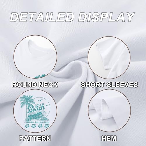 KEEVICI Hawaiian Beach T Shirts for Women Hibiscus Flower Palm Tree Shirt Tropical Graphic Tees Summer Beachy Vacation Tops(White,S)