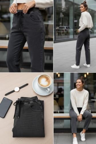 Image of Women Charcoal Black | Grey Black Denim Style Jeans Elastic Waist | Girls wear