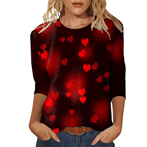 Valentinstag Bluse Damen Elegant T-Shirt 3/4 Arm Oberteile Tops Bunte Herzmuster Druck Tunika Shirt Lose Rundhals Sommershirts Mode Damenblusen Langarm Herz Blusen Tshirt Tuniken für (M2022A-Red, L) Cover