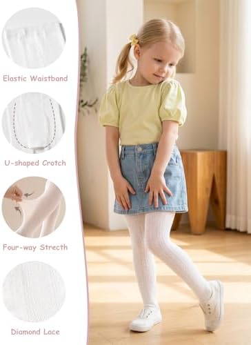 Miipat Baby Girl Tights Toddler Footed Leggings Mesh Lace Stockings 2 Pack Little Kids Hollow Pantyhose(WhiteGreyDiamondLace,2-4T)