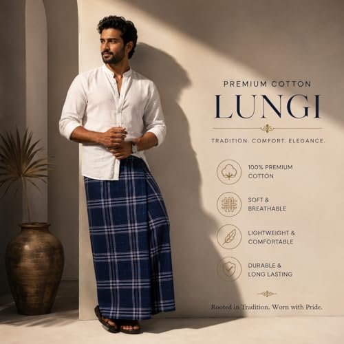 Image of Cotton Lungi for Men | South Indian Traditional Checked Lungis | Comfortable Daily Cotton wear | Breathable Casual Home Wear (Free Size, Pack of 2)