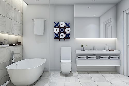 Tic Tac Toe Toilet Paper Holder | Farmhouse Bathroom Decor And Storage For Toilet Tissue Roll | Wooden Wall Mounted Shelves Fun Modern Organizer | 5 X's Blue Or Red (Navy Blue) #TOP2