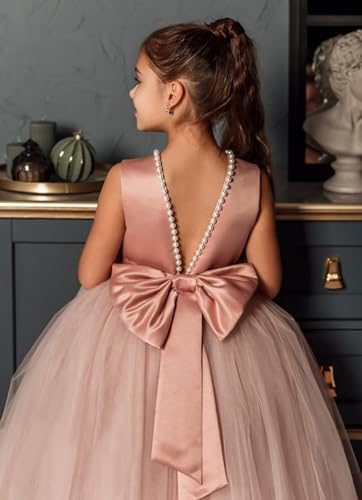 Pearls Flower Girls Dresses Princess Pageant Dress Bow-Knot Kids Satin Tulle Prom Ball Gowns for Wedding DK0053