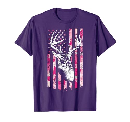 Whitetail Buck Womens Deer Hunting Pink Camo American Flag T-Shirt